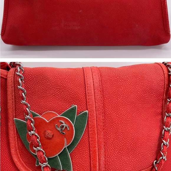 ❤️❤️Chanel❤️❤️ Red Caviar Leather Camellia Flower Accordion Chain Bag Matching P - Picture 3 of 9